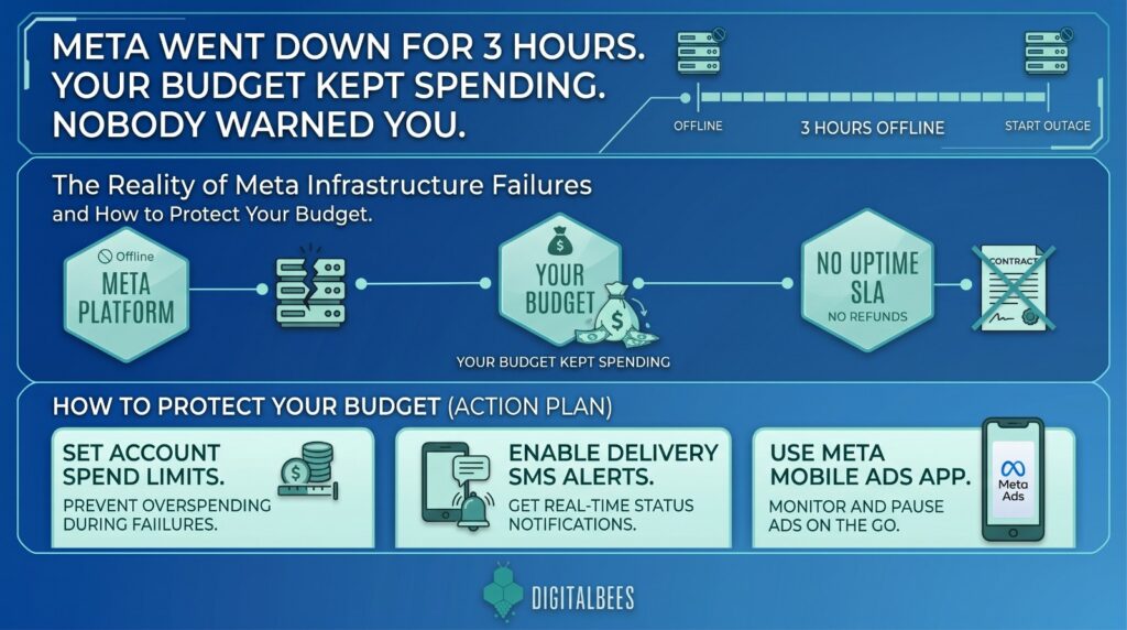 Meta infrastructure outage infographic showing ad budget protection, spend limits, SMS alerts, monitoring.